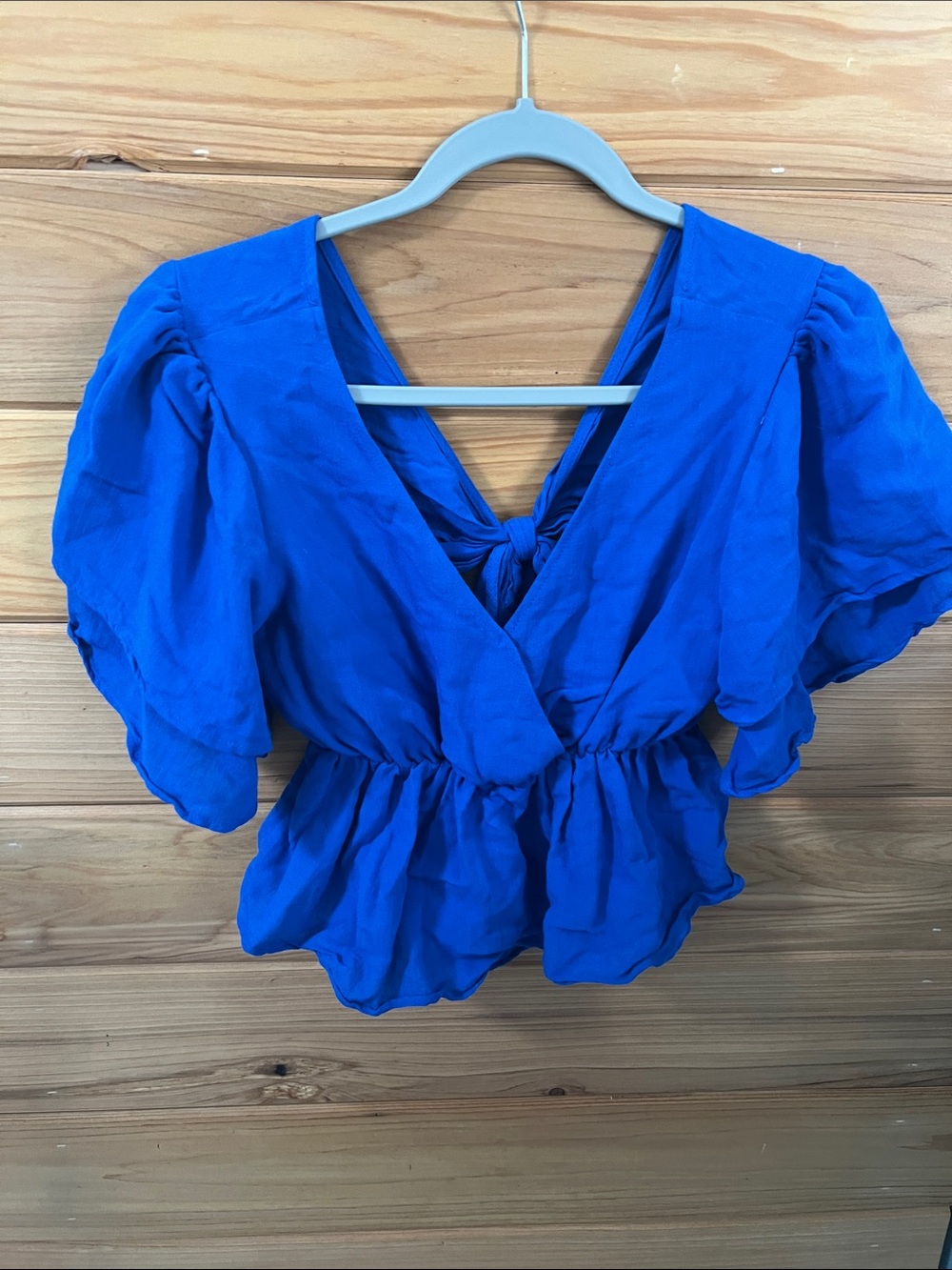 miami Cobalt Blue V-Neck Tie-Back Peplum Top